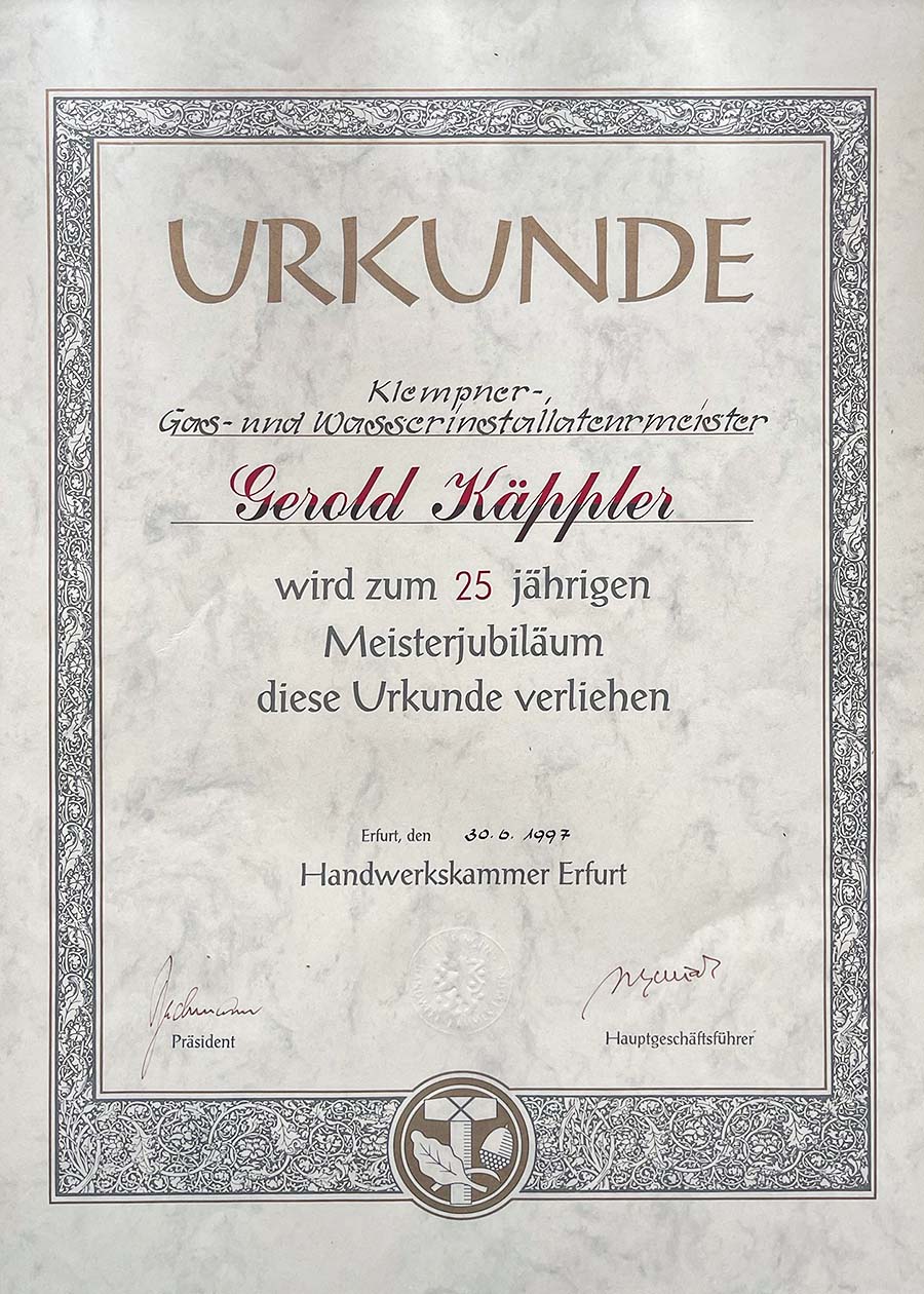 Urkunde Meisterjubiläum Gerald Käppler 1997