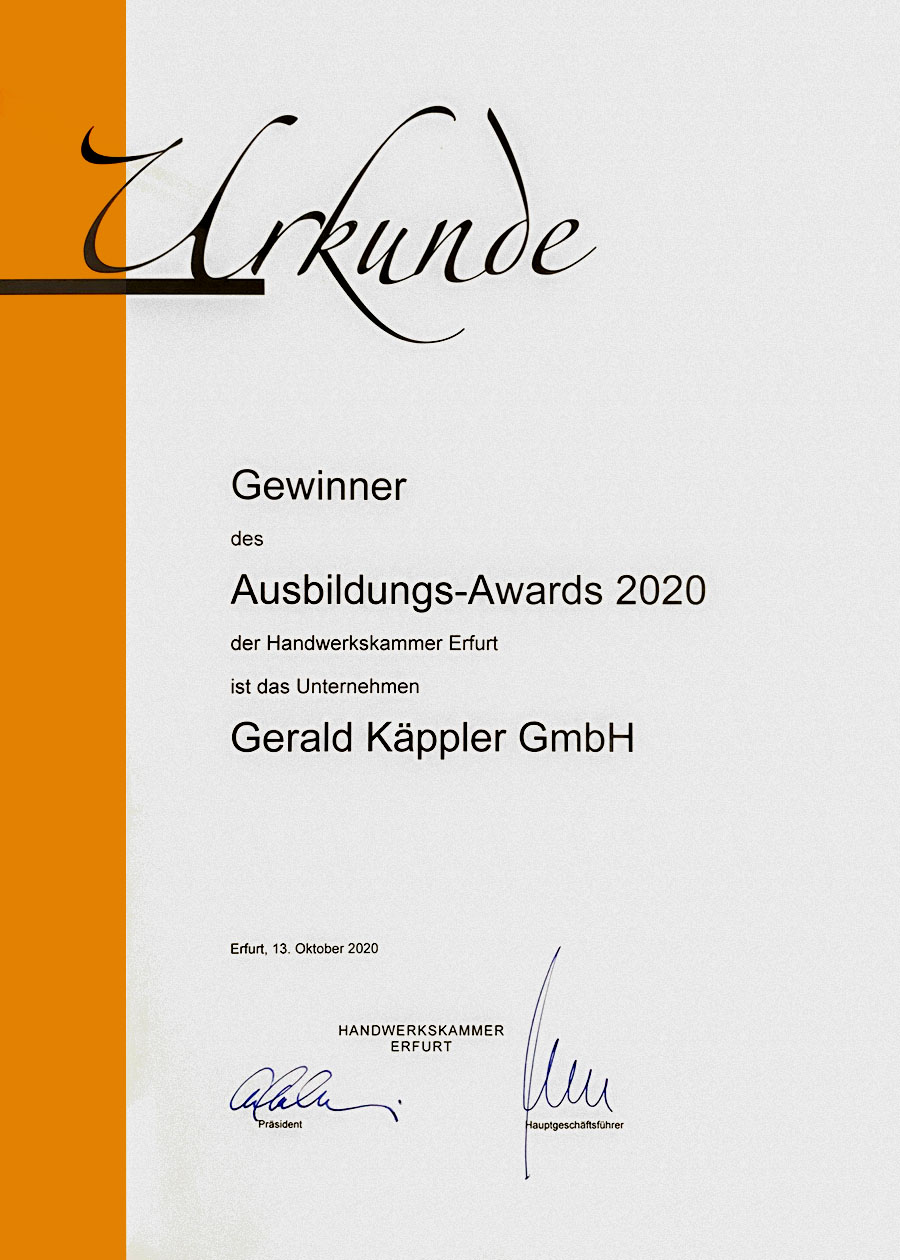 Urkunde Ausbildungs-Awards 2020 - Handwerkskammer Erfurt